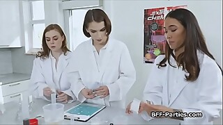 Girlfriends in lab coat sharing subjects dick